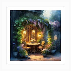 Quiet and attractive dining nook, overgrown flowers, high quality, detailed, highly 3D, elegant carved cart, 21 Art Print
