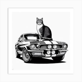 Cat on a Car: A Cool and Chic Black and White Photograph of a Cat Sitting on a Classic Car Art Print