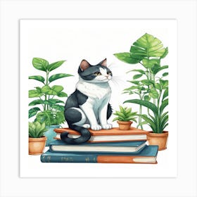 Cat On Books Art Print