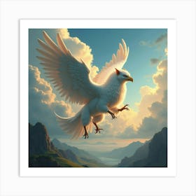 A Mythical Griffin With A Mane Of Swirling Celestial Clouds Soaring Over A Surreal Landscape Art Print