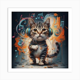 Cat With Headphones Art Print