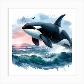 Sea Whale Orca In Motion, Sea Orca Watercolour Art Print 3 Art Print