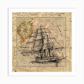 Ship Map Navigation Vintage Art Print