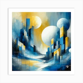 Abstract Blue City With Triple Moons Art Print