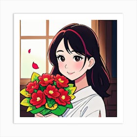 Anime Girl Holding Flowers Art Print