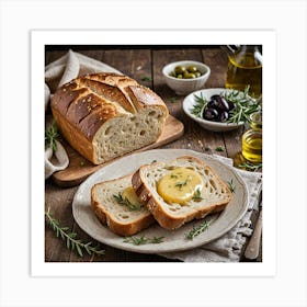 Rustic Bread Loaf A Rustic Loaf Of Freshly Baked Bread With A Golden Crust Accompanied By A Small Di 136989663 Art Print