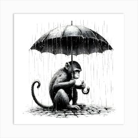 Monkey Holding An Umbrella In The Rain, Ink Drawing Art Print