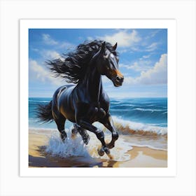 Black Horse Running On The Beach Art Print