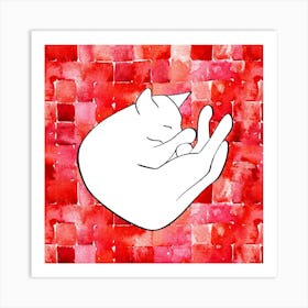 Cat Sleeping On Red Watercolor Abstract Squares Art Print