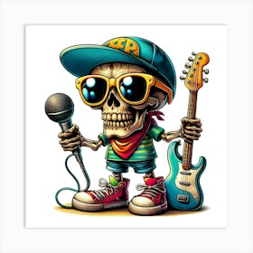 Cartoon Skeleton With Guitar And Microphone Art Print