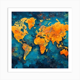 World Map On Blue Background Art Print