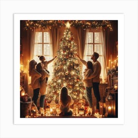 Family In Front Of Christmas Tree Art Print
