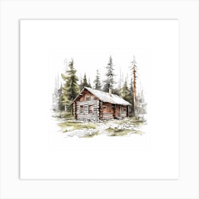 Simple Log Cabin In The Woods Sketch Art Print