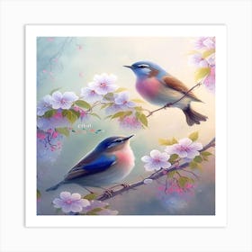 Two Birds In Cherry Blossoms Art Print