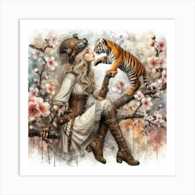 Steampunk Girl With Tiger Art Print