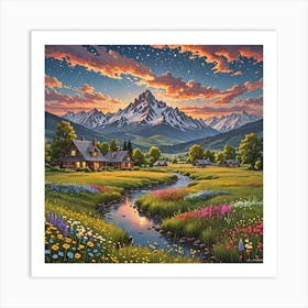 Sunset At The Mountain Cabin Art Print