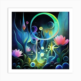 Abstract oil painting: Water flowers in a night garden 4 Art Print