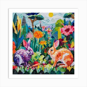 Rabbits Munching On Vegetables In The Field Kitsch Collage 1 Art Print