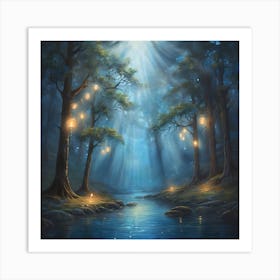 a painting of a forest with lanterns hanging from trees, an oil painting by Jeremiah Ketner, shutterstock contest winner, fantasy art, enchanting, flickering light, glowing lights Art Print