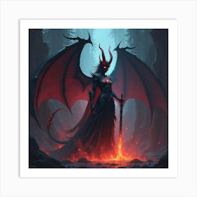 Demon Queen In A Realm Of Shadows, Colorful Flames 1 Art Print