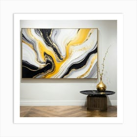 Abstract Marble Patterns Gracefully Swirling Across A Canvas The Waves Of Liquid Gold Silver Grey (2) Art Print