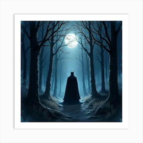 Dark Knight Emerging From A Shadowy Forest At Night, Watercolor 1 Art Print