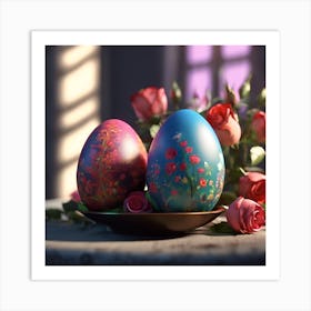 Blue and Pink Painted Eggs with Roses Art Print