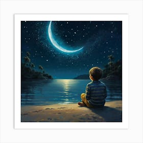 Little Boy Watching The Moon Art Print
