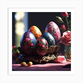 Pink Roses and Easter Eggs Art Print