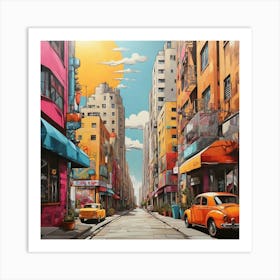 Pop Art graffiti Street with cafes, high-rise buildings, sun 1 Art Print