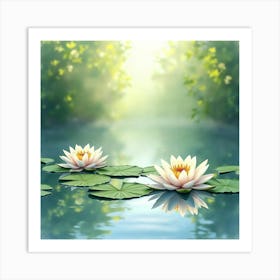 A Serene Watercolor Scene Of Lilies On A Calm Pond Art Print