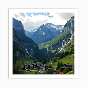 Lauterbrunnen Valley of Switzerland, With Cliffs And Waterfall Art Print