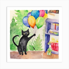 Black Cat With Balloons Art Print