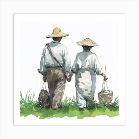 Old Couple Holding Baskets Art Print