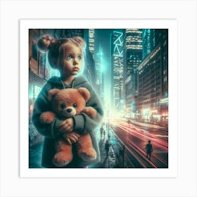 Little Girl With Teddy Bear In The City Art Print