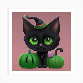 Cute Black Cat With Green Pumpkins Art Print