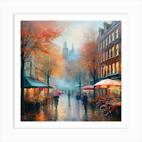 Amsterdam cafes, autumn season, rain, autumn oil colours.Faded colours,People passing on the street, winter clothes, rain umbrellas.14 Art Print