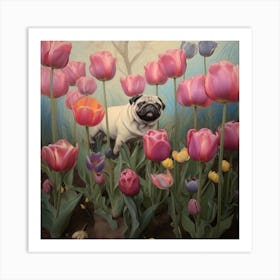 Pug In Pink Tulips Art Print