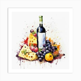 Watercolor Of Wine And Cheese Art Print