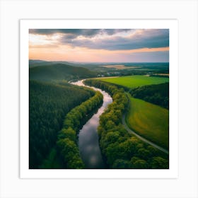 River Flowing Through Lush Green Landscape Art Print