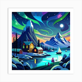 Mountain Landscape With A Cabin, Sailboat, And Aurora Borealis Art Print