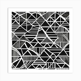 Retro Inspired Linocut Abstract Shapes Black And White Colors art, 233 Art Print