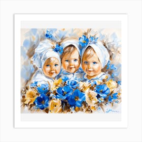 Three Little Girls With Blue Flowers Art Print