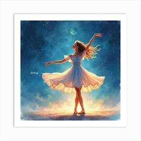 Dancer In Watercolor With Ethereal Starry Night Background 1 Art Print