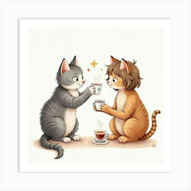 Cuddly American Shorthair Cat And A Person Sharing Tea In Watercolor 1 Art Print