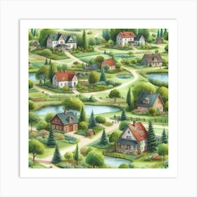 Village And Lakes In The Countryside Art Print