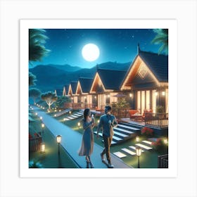 Couple Walking At Night In Resort Art Print