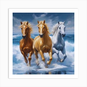 White, Brown,Golden Horses Running In The Beach Art Print