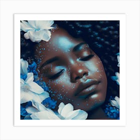 Blue Girl With Flowers Art Print