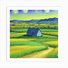 Rolling Hills and Quiet Pastures A Farm Life View Starry Night Art Print